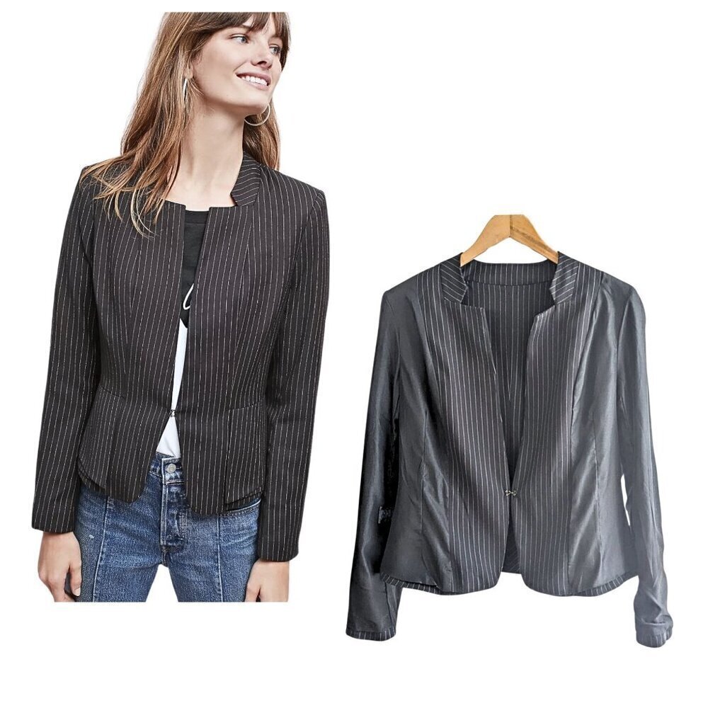 Anthropologie GREYLIN Office Siren Black Pinstriped Peplum Blazer Size M